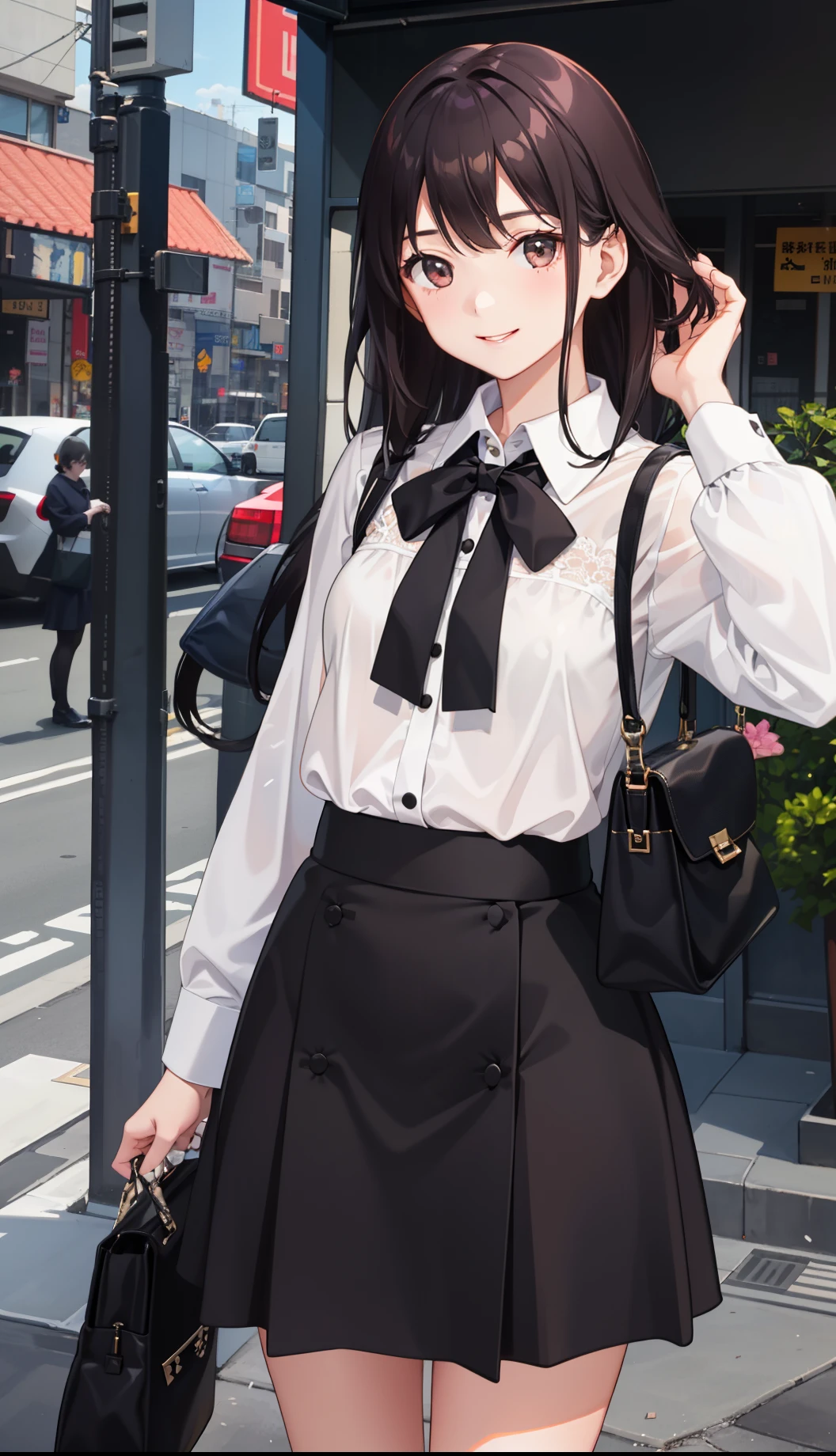 1girl in、A smile、The shirt、Blouse、（paler）skirt by the、（small tits）Chilarism、movement、