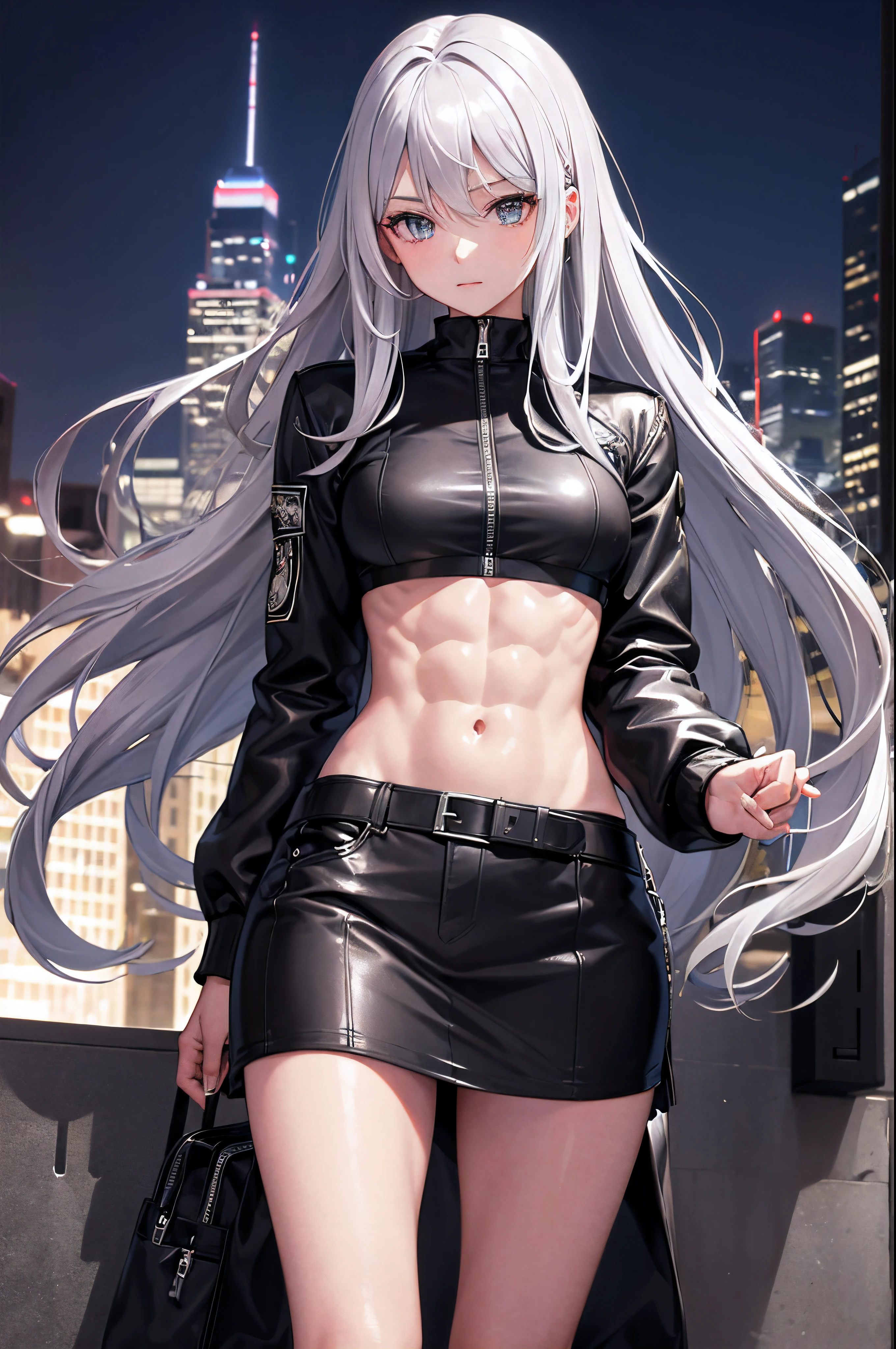 masterpiece, highest quality, 1girl, silver hair, middle hair, night city, (muscular:1.3), black Bomber jacket,