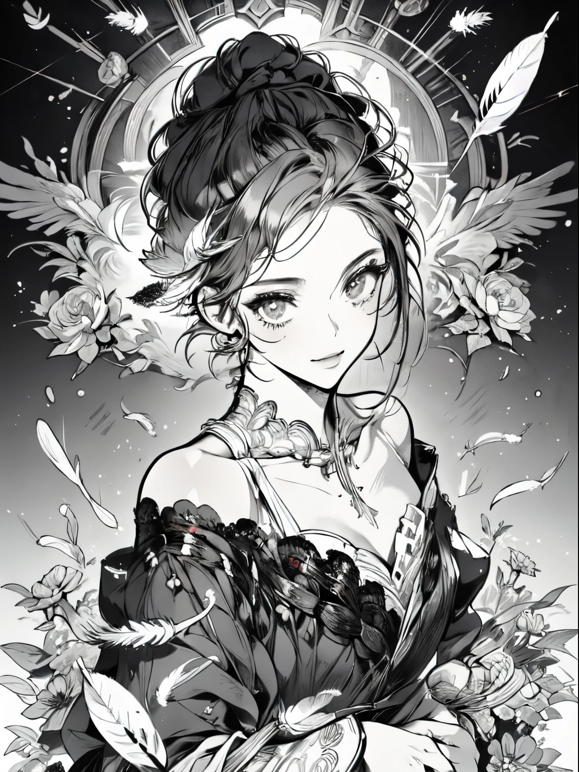 (masterpiece, top quality, best quality, official art, beautiful and aesthetic:1.2), (1girl:1.3), extremely detailed,(fractal art:1.1),(colorful:1.1)(flowers:1.3),highest detailed,(zentangle:1.2), (dynamic pose), (abstract background:1.3), (shiny skin), (many colors:1.4), (feathers:1.5), nsfw:1.5, cyber sttyle girl, 1girl, solo, short hair, in nightclub ,bar, bare shoulders, BREAK, rainbow hair,long hair, breasts out:2,portrait, (from above:1.2), medium breasts, beautiful breasts, monochrome, greyscale, midjourney, multi pose