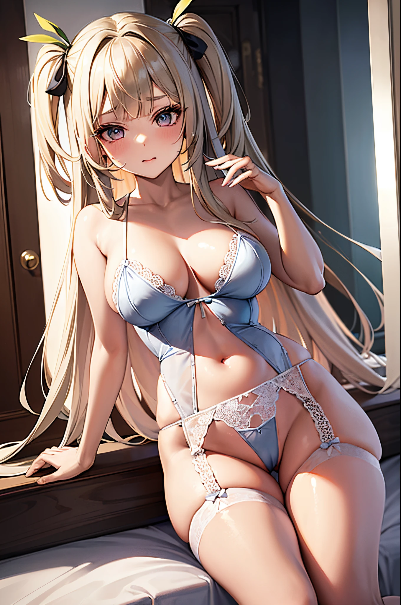 ((Best Quality)), (ultra-detailliert), ((Extremely detailed)), (Beautiful), ((Kawaii Girl)), ((UHD)), (masterpiece), (high quality), (best quality), (4K), (high quality), 1, solo girl, 1girl, ((platinum blond hair)), parted bangs, ((hair intakes)), long hair, (hair two side up long), ((jade colored eyes)), slanted eyes, medium breasts, slender body, lite blue, babydoll trimmed with lace, side tie panties, garter belt, bedroom, anime