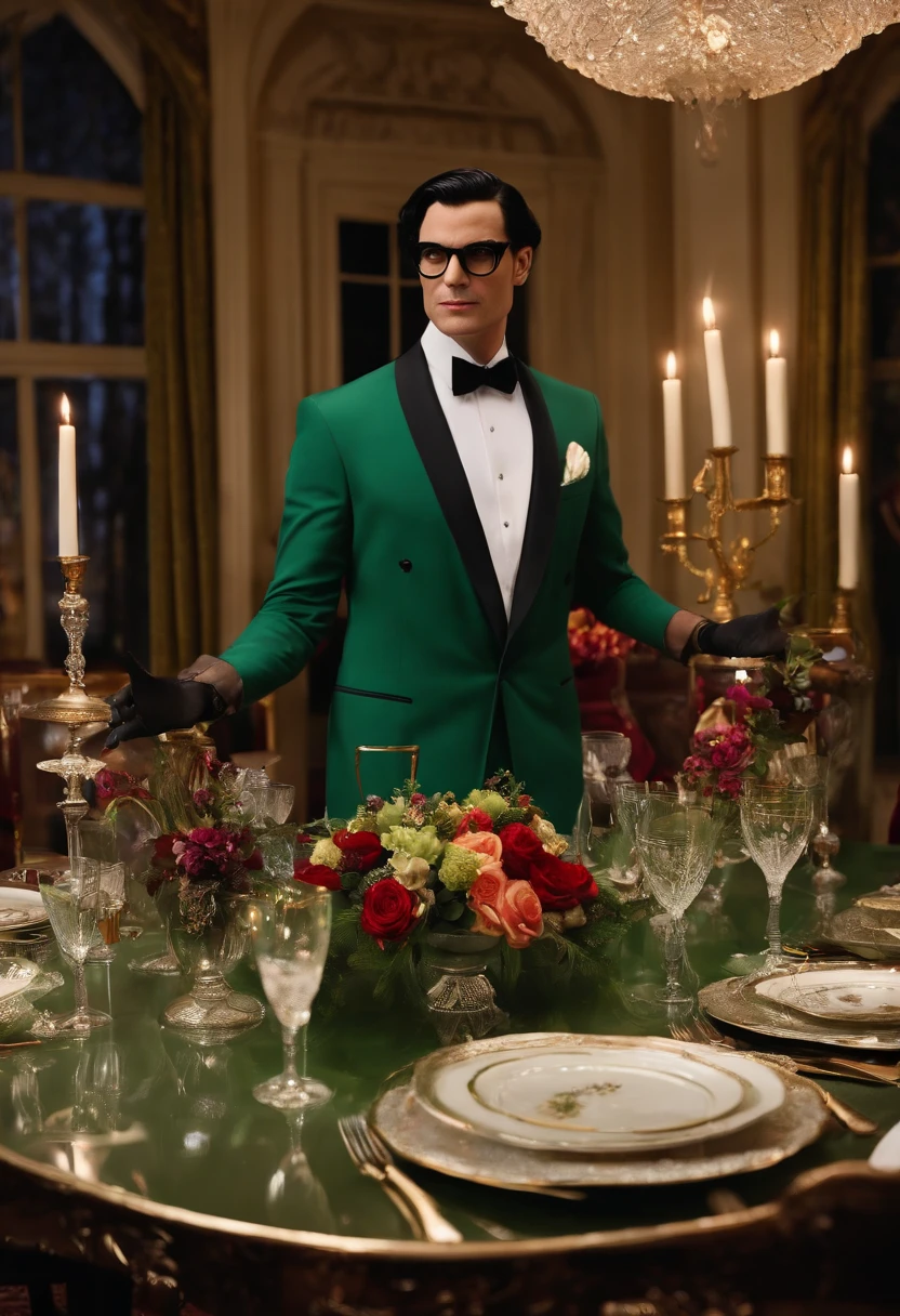 A lavish table set for a sophisticated dinner party, complete with fine china, crystal glassware, and an elaborate floral centerpiece,Batman,Ed is tall with neat black hair, glasses, wears a green suit, wears a bowler hat, famously portrayed by Cory Michael Smith