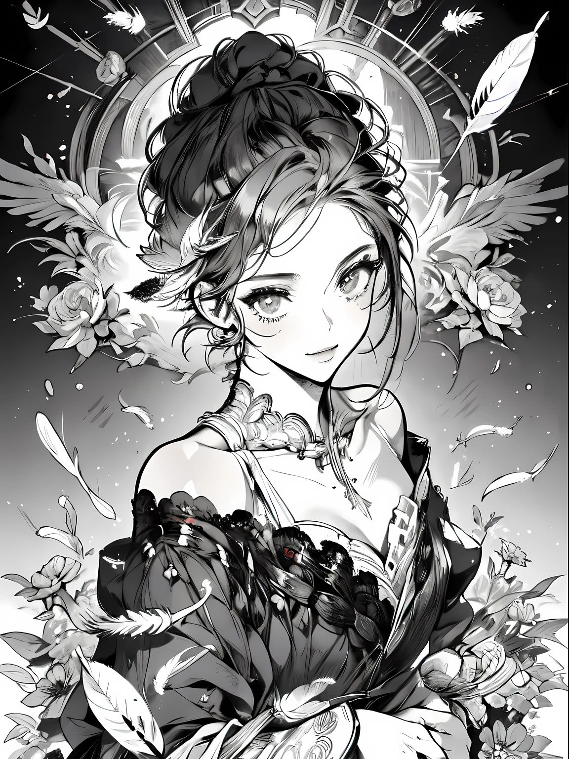 (masterpiece, top quality, best quality, official art, beautiful and aesthetic:1.2), (1girl:1.3), extremely detailed,(fractal art:1.1),(colorful:1.1)(flowers:1.3),highest detailed,(zentangle:1.2), (dynamic pose), (abstract background:1.3), (shiny skin), (many colors:1.4), (feathers:1.5), nsfw:1.5, cyber sttyle girl, 1girl, solo, short hair, in nightclub ,bar, bare shoulders, BREAK, rainbow hair,long hair, breasts out:2,portrait, (from above:1.2), medium breasts, beautiful breasts, monochrome, greyscale, midjourney, multi pose