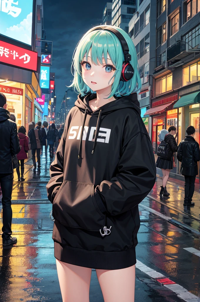 8K分辨率、((top-quality))、((​masterpiece))、((ultra-detailliert))、1girl、独奏、incredibly absurdness、Oversized hoodies、headphones、Street、plein air、Rain at night、neons、Shortcut Hair、Brightly colored eyes、Hands in pockets、mini skirt、water dripping, anime style.