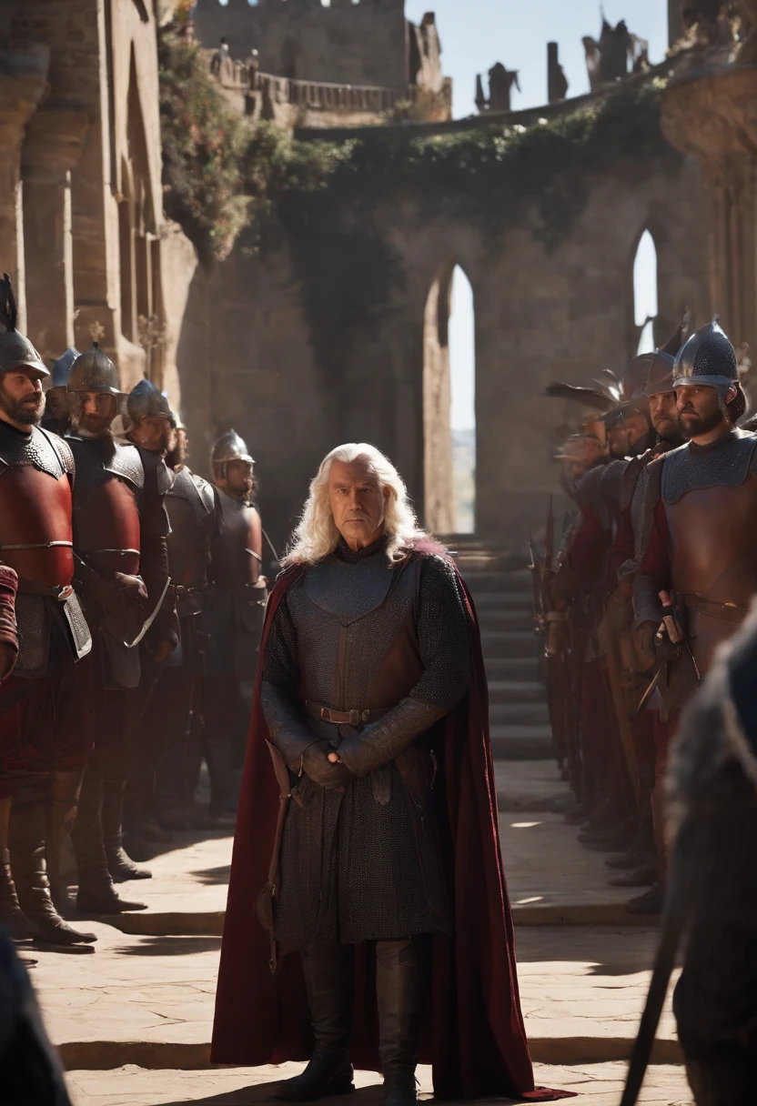 Aemond Targaryen standing in the courtyard of the Red Keep, surrounded by his loyal men-at-arms as they prepare for a training session.,A Song of Ice and Fire,His physical presence is characterized by silver, straight, and well-kept hair cascading down a long and sharp face. A sharp jawline, straight nose, pointed chin, and the unique feature of a missing right eye add to his distinctive appearance. The left eye, a striking lilac hue, draws attention, with the empty right eye socket adorned by a blue sapphire or concealed by an eyepatch. Thin lips, a pale complexion, and a serious expression complete his visage. Aemond's tall, slim, and lithe build contributes to an overall image of strength and regality.