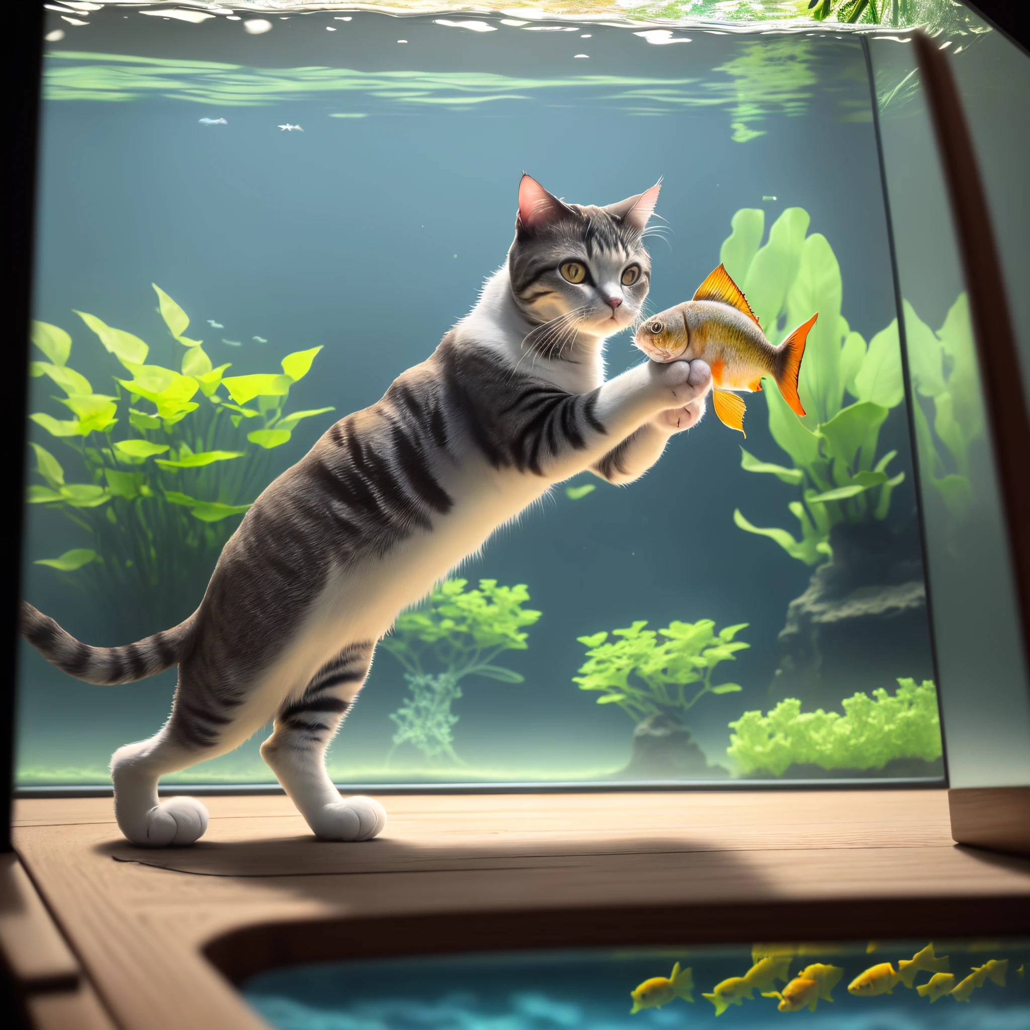 (masterpiece: 1.3), (8k, photorealistic, RAW photo, best quality: 1.4)(cat trying to catch the fish in the aquarium room