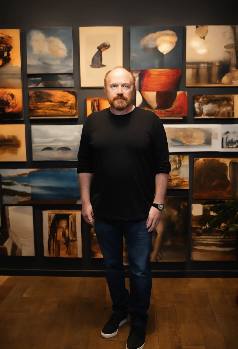 A photo of me attending a private underground art exhibit, admiring a controversial and thought-provoking installation piece.,stand-up comedy and television,Louis CK, a prominent figure in stand-up comedy and television, is known for his everyman appearance, often sporting a casual, unassuming look with plain black or navy t-shirts paired with jeans. He has a balding head, a fair complexion, and typically presents a somewhat disheveled, unpolished appearance, embodying the persona of an average middle-aged man.