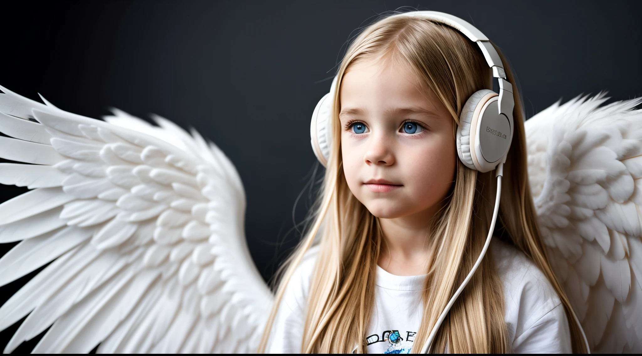  girl , blonde long hair and headphones, wings of an angel