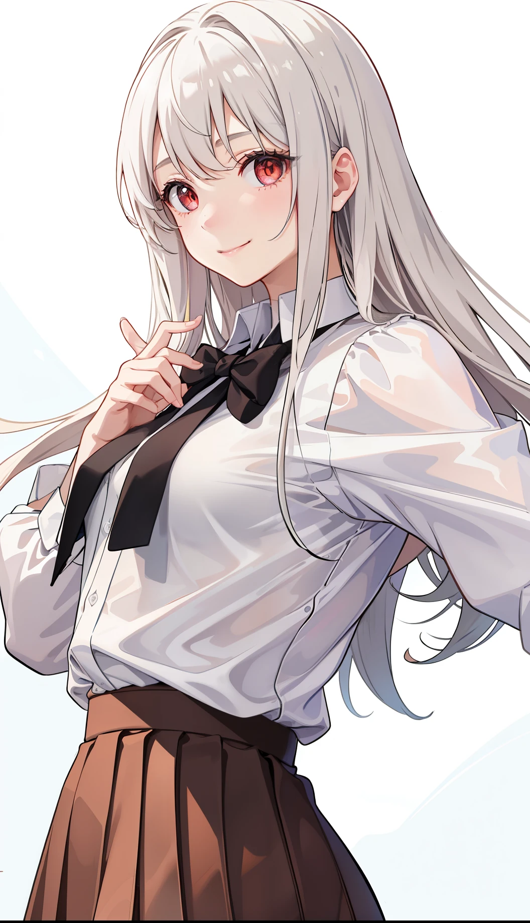 1girl in、A smile、light skinned、The shirt、Blouse、(paler)skirt by the、(small tits)Chilarism、movement、Upper body portrait、