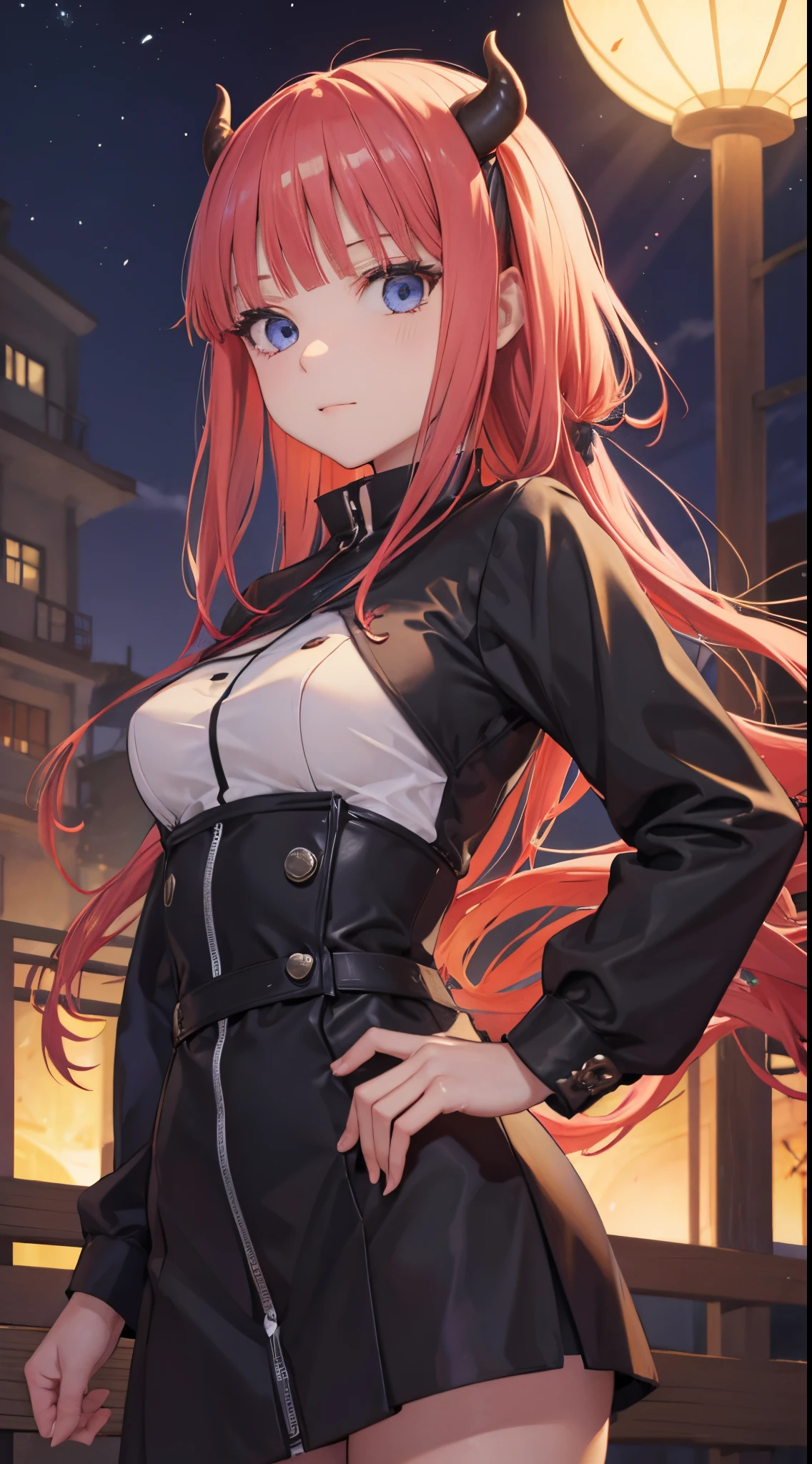 Nino Nakano ,manos detalladas,pose sexy,uniforme demon slayer,campo de noche