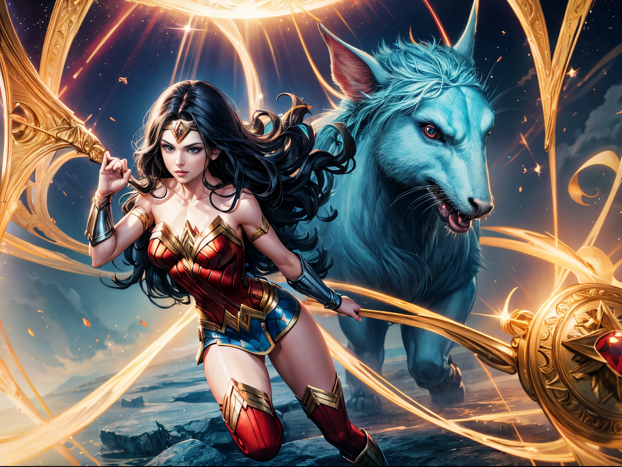 Explore a whimsical, fantasy world where Wonder Woman encounters magical creatures and surreal landscapes, evoking a sense of wonder and enchantment.