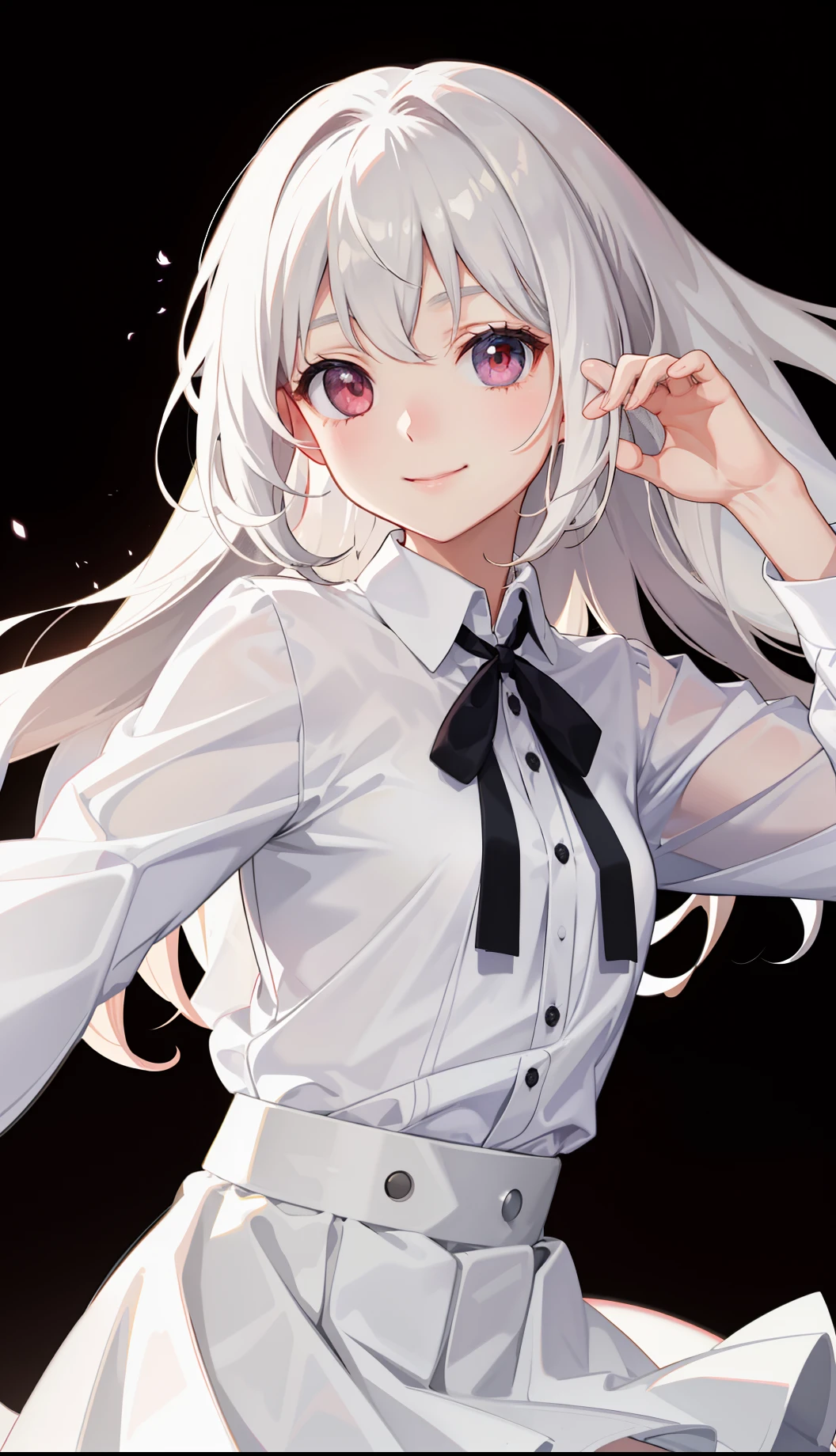 1girl in、A smile、light skinned、The shirt、Blouse、（paler）skirt by the、（small tits）Chilarism、movement、Upper body portrait、