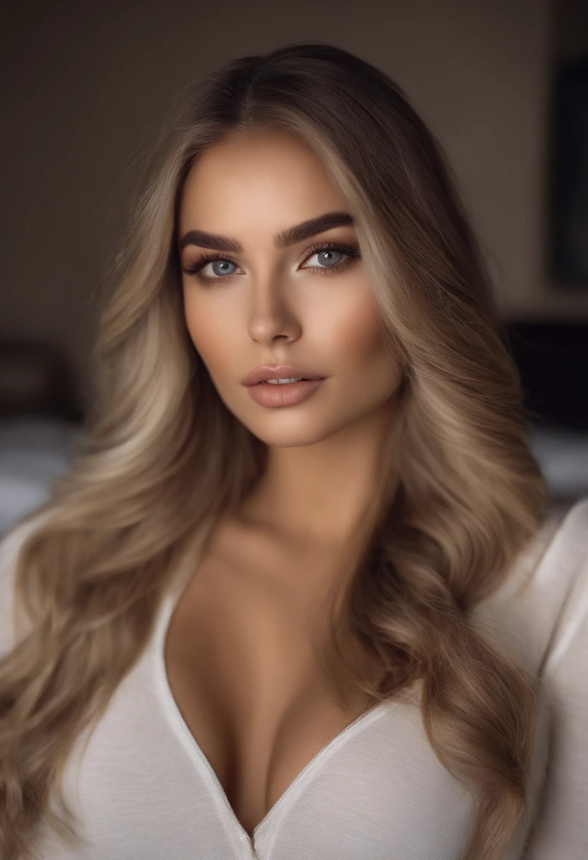 blonde woman , fille sexy aux yeux bleux, ultra realist, Meticulously detailed, Portrait Sophie Mudd, cheveux bruns et grands yeux, selfie of a young woman, Dubai Eyes, Violet Myers, sans maquillage, maquillage naturel, looking straight at camera, Visage avec Artgram, Maquillage subtil, Great photo of the whole body kneeling on the bed, dans la chambre, Medium to large bust