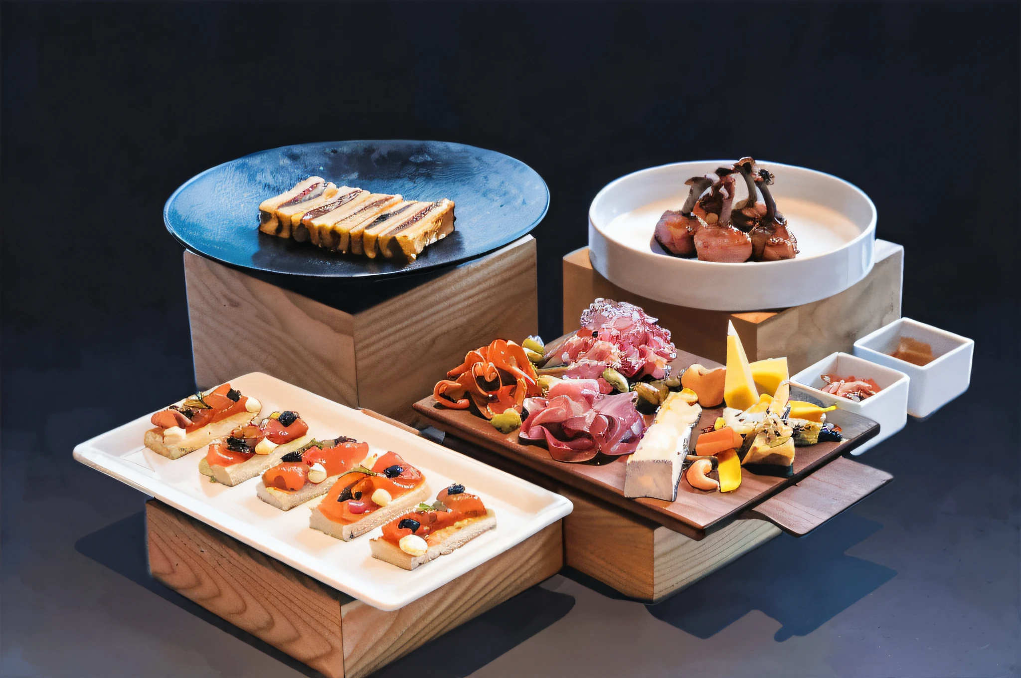 several plates of food are arranged on a wooden stand, trio, inspired by david rubín, in style of kyrill kotashev, masterpiece work of art, yummy, award-winning crisp details”, award - winning crisp details ”, by david rubín, boka, inspired by Antonio Rotta, tastes, snacks, by Robbie Trevino, noon