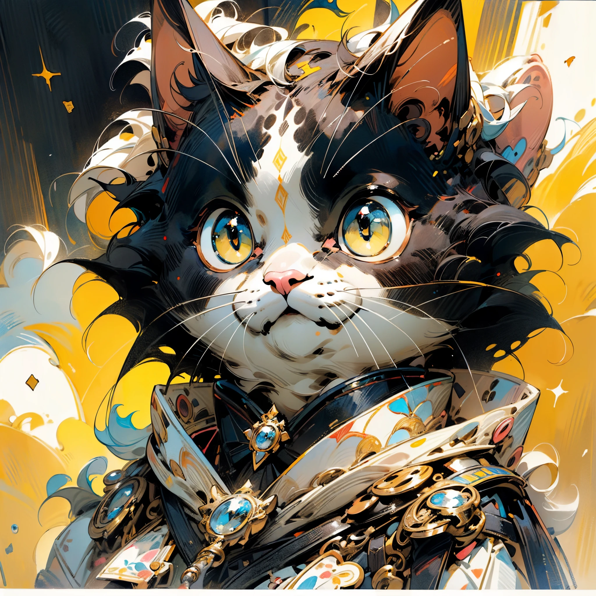 ((Best quality, 8K, Masterpiece: 1.4)),((Amazing detail: 1.3)),((Watercolor illustration: 1.2)),((high resolution: 1.1)),Thick painting style,(Critters),1 cat,Yellow solid background,in style of ghibli,head portrait,Anime avatar,British Shorthair,adorable expression,adolable,Beautifully meticulous,structurally correct,フォトリアリスティック,Delicate hair,Photo art