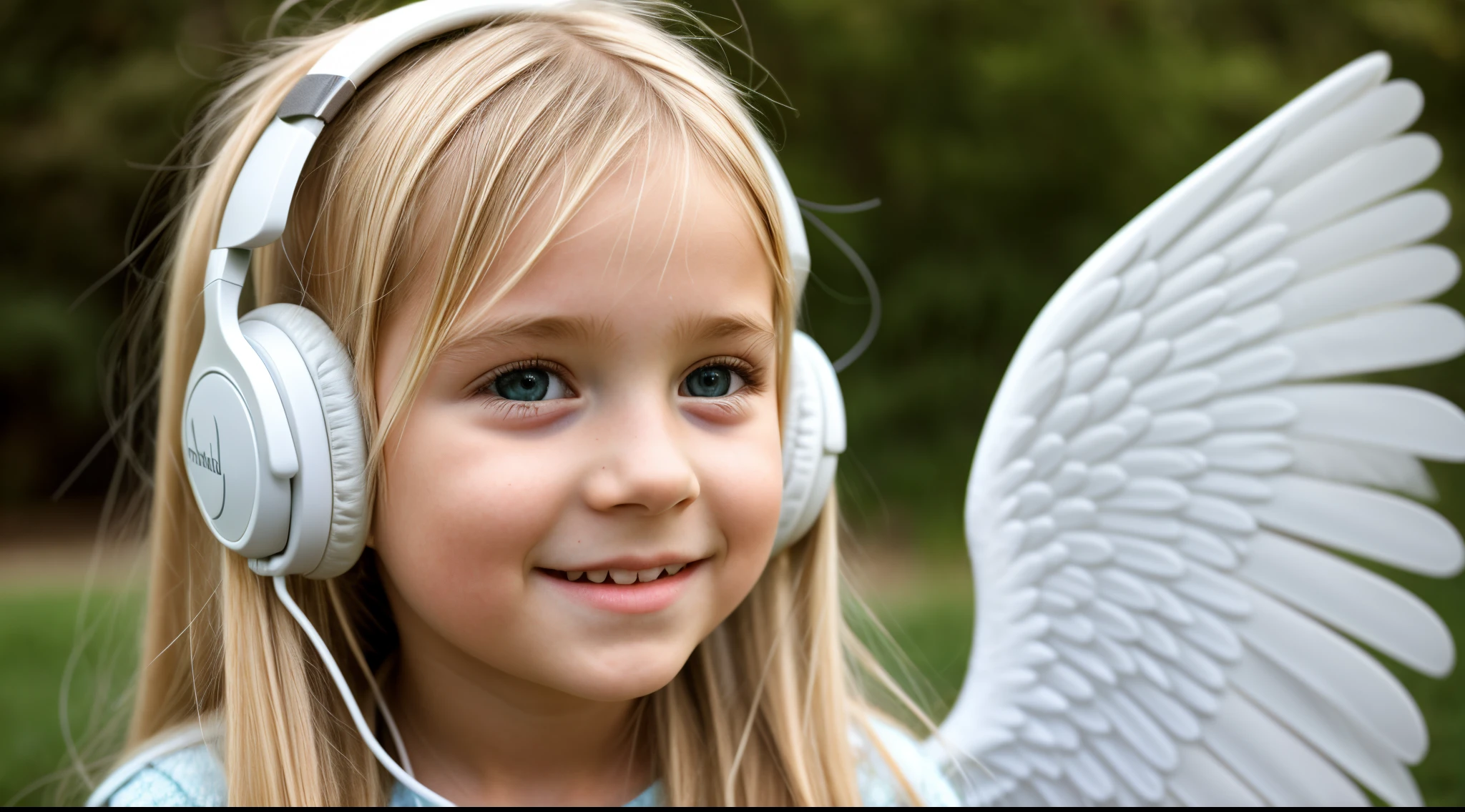  girl , blonde long hair and headphones, wings of an angel