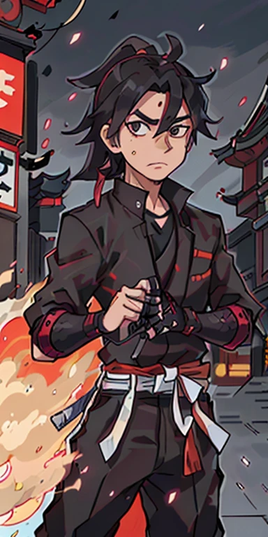 A modern Samurai standing amidst the bustling Tokyo Downtown in 1985. Clad in a sharp black suit, accentuated by a striking red tie, the samurai exudes a fusion of traditional honor and contemporary style. With a confident grip, he holds a gleaming katana in one hand, embodying a captivating blend of past and present.