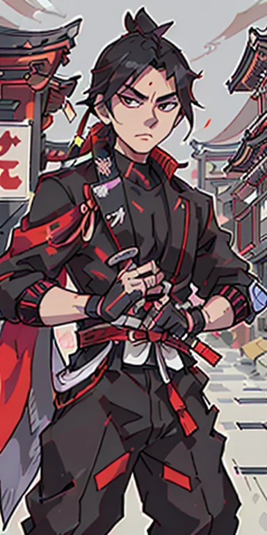 A modern Samurai standing amidst the bustling Tokyo Downtown in 1985. Clad in a sharp black suit, accentuated by a striking red tie, the samurai exudes a fusion of traditional honor and contemporary style. With a confident grip, he holds a gleaming katana in one hand, embodying a captivating blend of past and present.