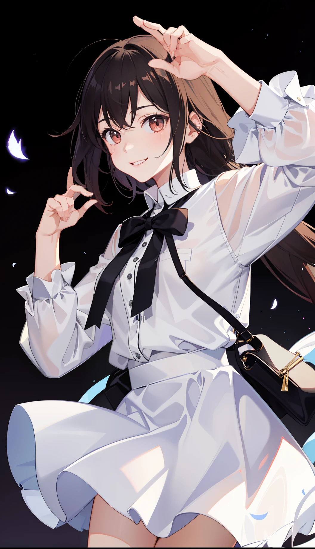 1girl in、A smile、light skinned、The shirt、Blouse、(paler)skirt by the、(small tits)Chilarism、movement、Upper body portrait、