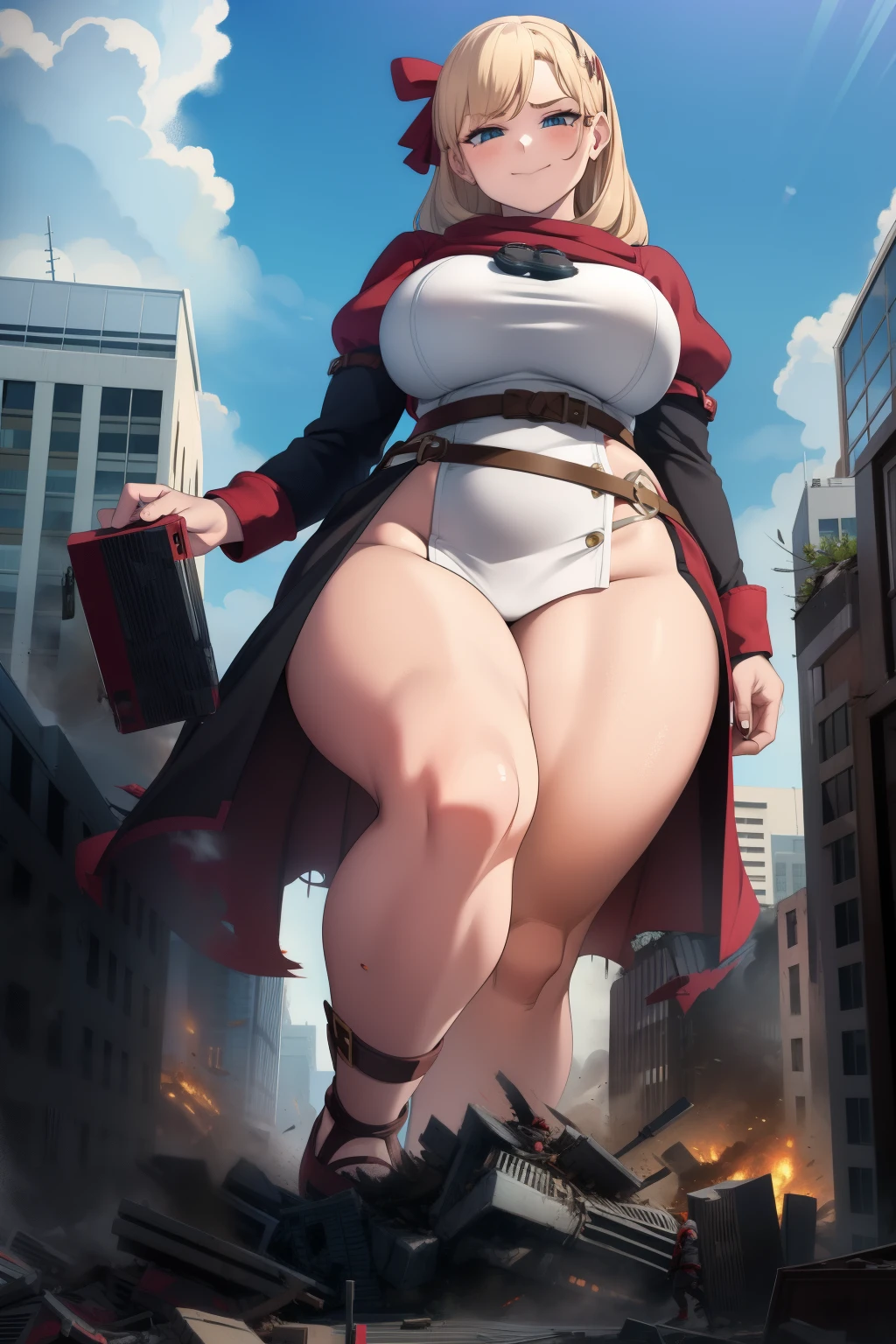GTS, giantess, curvy, busty, smirk, evil, thick thighs, walking, stepping, rampage, destruction