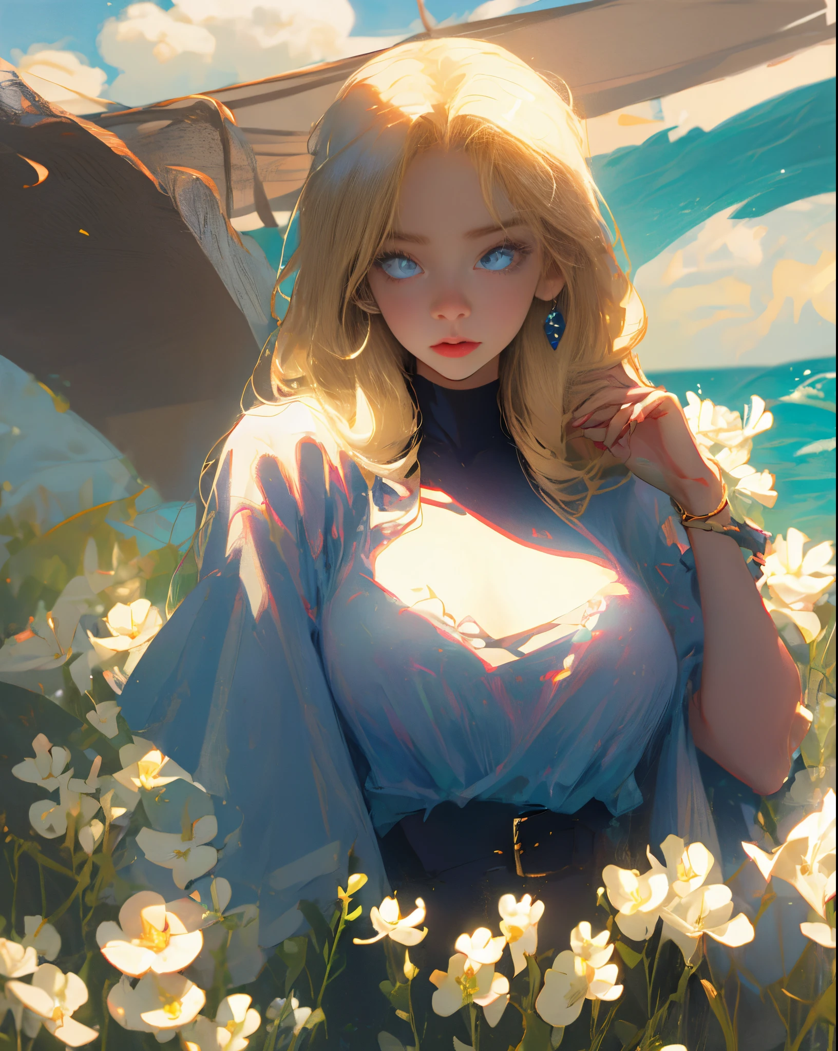 Girl with blue eyes Blonde long big breast with summer shirt