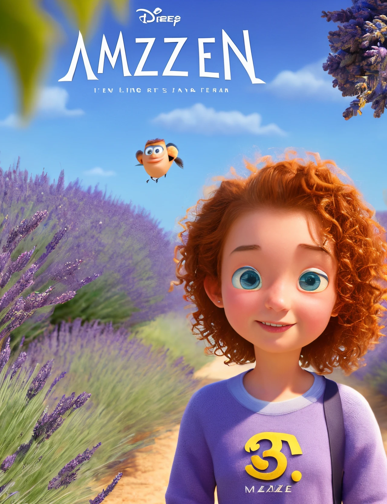 Pixar inspired movie poster with the title “Mackenzie” about a 11 year old white female. she has brown eyes and brown, Ling, and curly hair. she dresses in lavender sweat pants and grey shirt. she wears white sneakers with lavender streaks on it. make it a Pixar 3D Animation.