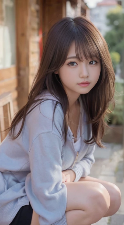 Smile、natta、Raw photography、(((Portrait of extreme beauty)))、((glistning skin))、女の子1人、 beautiful girl in Prague、bright expression、((brown haired))、(cleavage of the breast)、(Larger hoodie)、[Big blue eyes that shine like jewels]、Glossy glossy skin、Silky long straight hair、eye liner、Beautiful bangs、Hair between the eyes、((​masterpiece、top-quality、ultra-detailliert、Film Light、intricate-detail、hight resolution、ighly detailed))、细致背景、8KUHD、Digital SLR、Soft light、hightquality、Film grain、FujifilmXT3 、Shallow depth of field、natural soft light、Kamimei、beutiful breast、((Angle up to the knee))