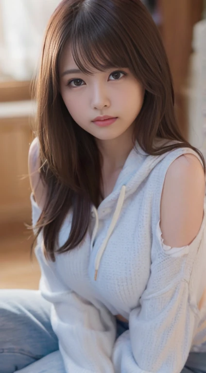 Smile、natta、Raw photography、(((Portrait of extreme beauty)))、((glistning skin))、女の子1人、 beautiful girl in Prague、bright expression、((brown haired))、(cleavage of the breast)、(Larger hoodie)、[Big blue eyes that shine like jewels]、Glossy glossy skin、Silky long straight hair、eye liner、Beautiful bangs、Hair between the eyes、((​masterpiece、top-quality、ultra-detailliert、Film Light、intricate-detail、hight resolution、ighly detailed))、细致背景、8KUHD、Digital SLR、Soft light、hightquality、Film grain、FujifilmXT3 、Shallow depth of field、natural soft light、Kamimei、beutiful breast、((Angle up to the knee))