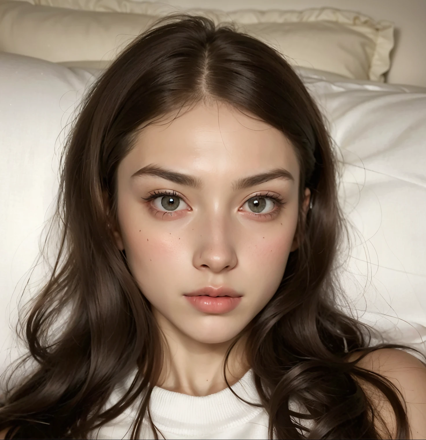 Mujer arafed acostada en la cama con una almohada blanca y una almohada blanca., natural soft pale skin, Suave, impecable, Pale skin, with pale skin, pale, piel brillante, pale and beautiful skin, pale fair skin!!, cara extremadamente hermosa, Cara perfecta ), Suave, Pale skin, soft pale white skin, pale ivory skin, pale skin and dark eyes