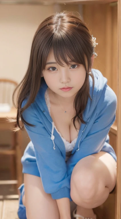 Smile、natta、Raw photography、(((Portrait of extreme beauty)))、((glistning skin))、1人、17-year-old beautiful girl in Prague、bright expression、((brown haired))、(cleavage of the breast)、(Larger hoodie)、[Big blue eyes that shine like jewels]、Glossy glossy skin、Silky long straight hair、eye liner、Beautiful bangs、Hair between the eyes、((​masterpiece、top-quality、ultra-detailliert、Film Light、intricate-detail、hight resolution、ighly detailed))、细致背景、8KUHD、Digital SLR、Soft light、hightquality、Film grain、FujifilmXT3 、Shallow depth of field、natural soft light、Kamimei、beutiful breast、((Angle up to the knee))