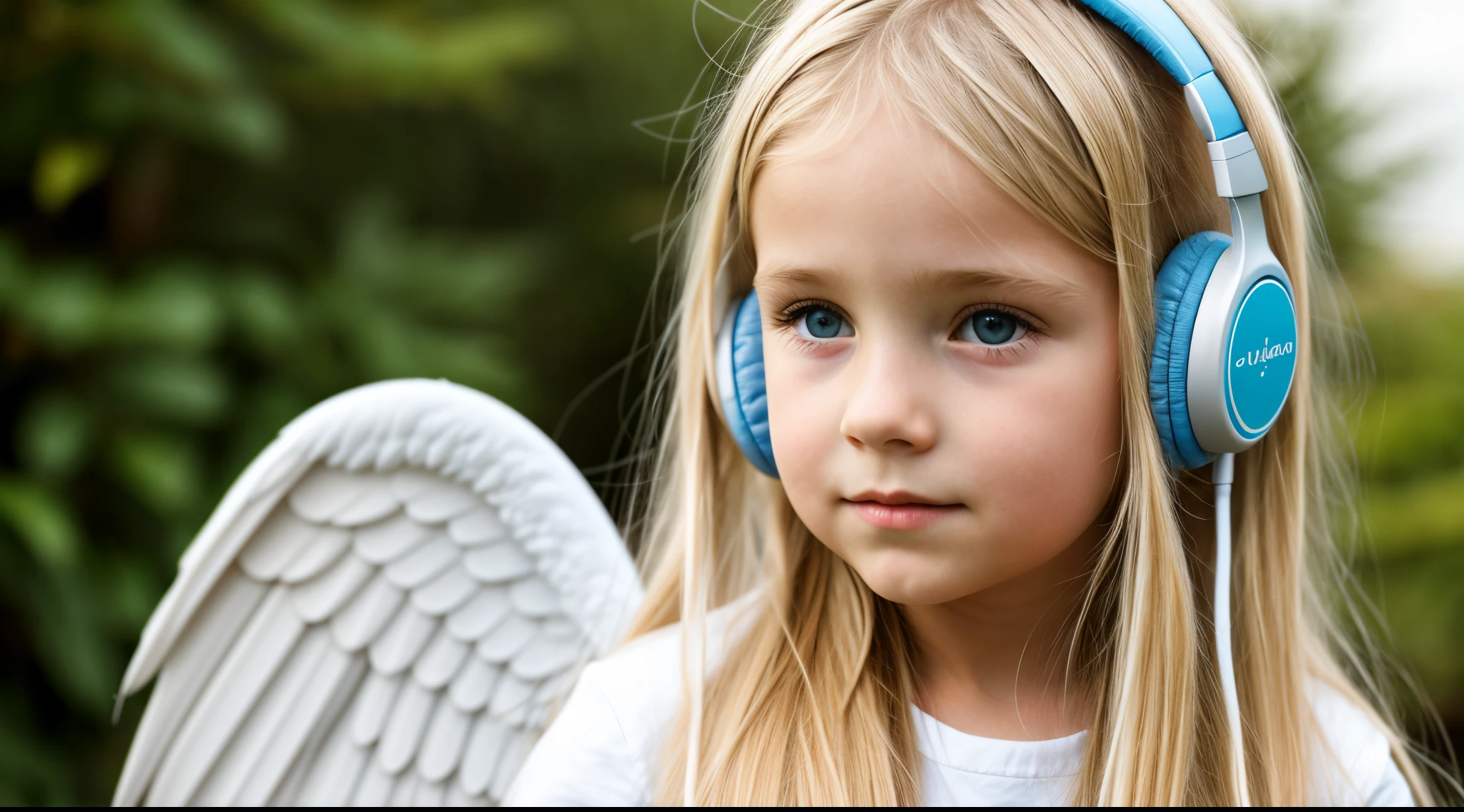  girl , blonde long hair and headphones, wings of an angel