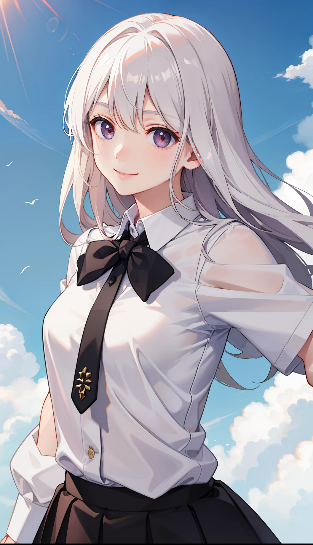 1girl in、A smile、light skinned、The shirt、Blouse、(paler)skirt by the、(small tits)Chilarism、movement、Upper body portrait、