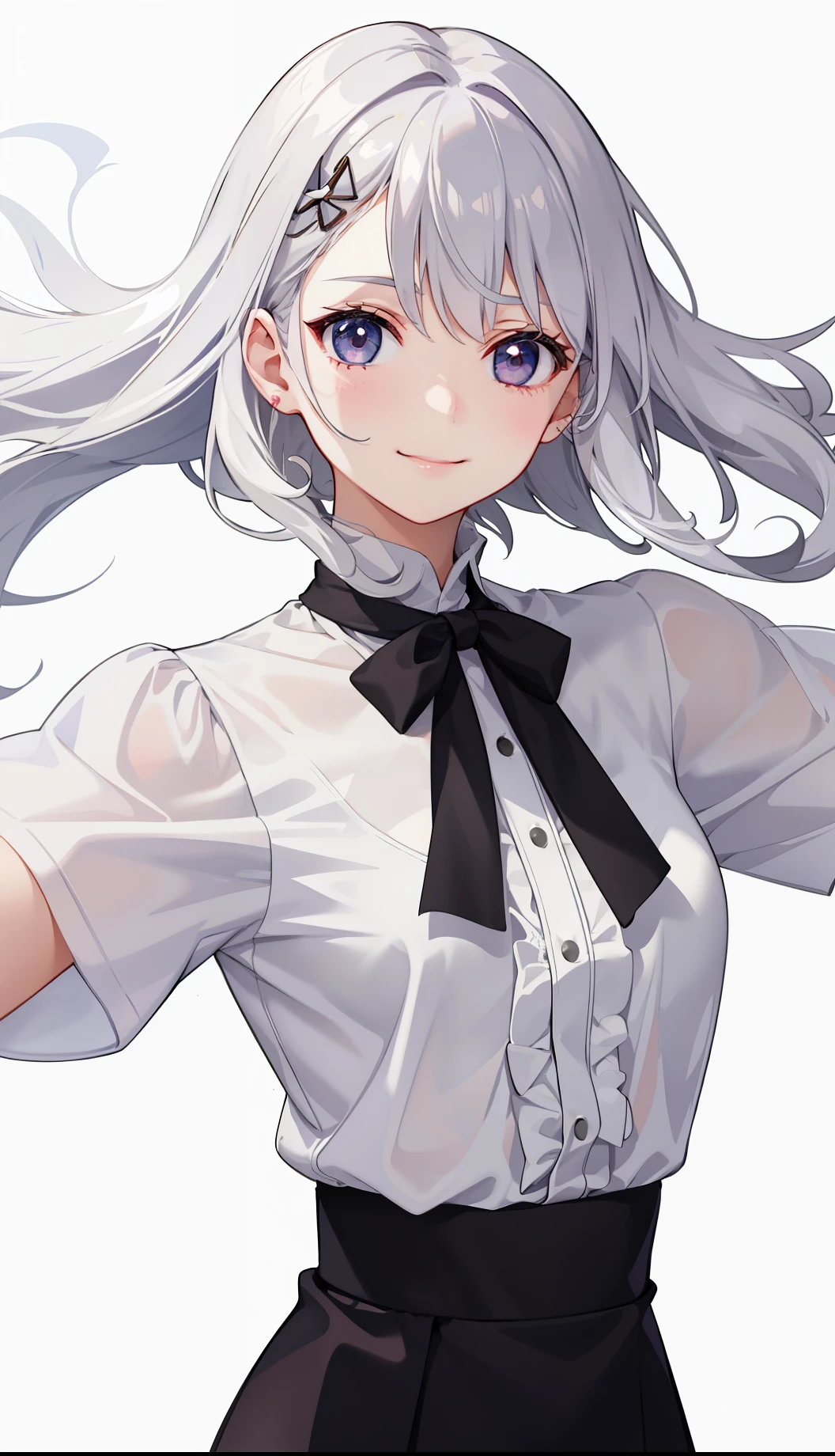 1girl in、A smile、light skinned、The shirt、Blouse、(paler)skirt by the、(small tits)Chilarism、movement、Upper body portrait、