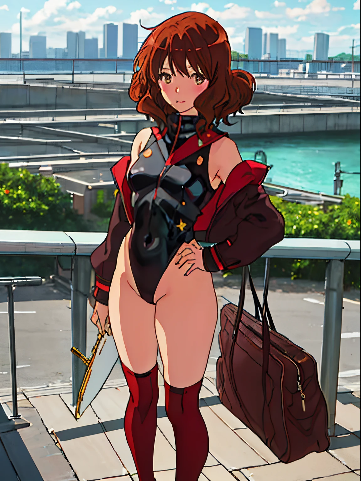 best quality, masterpiece, highres, solo, {oumae_kumiko_soundeuphonium:1.15}, brown_hair, short_hair, brown_eyes, blush, bangs, leotard, bare legs, boots, gloves, superhero, hand on hip, 1girl, looking_at_viewer, smile, blush, (full_body), city backdrop