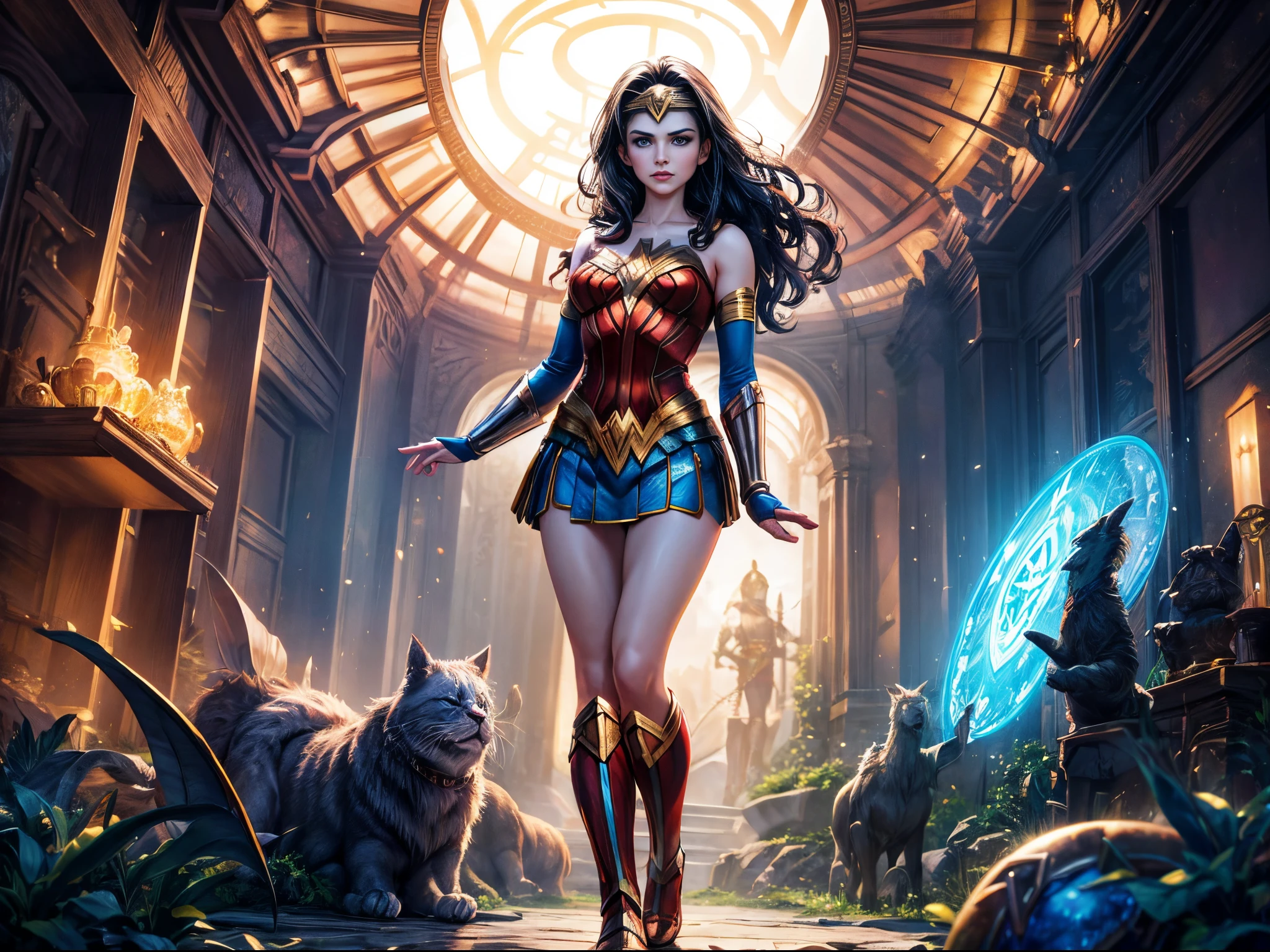 Envision Wonder Woman in a fantastical realm, surrounded by mythical beasts, enchanted forests, and grand landscapes, capturing the essence of an epic fantasy saga