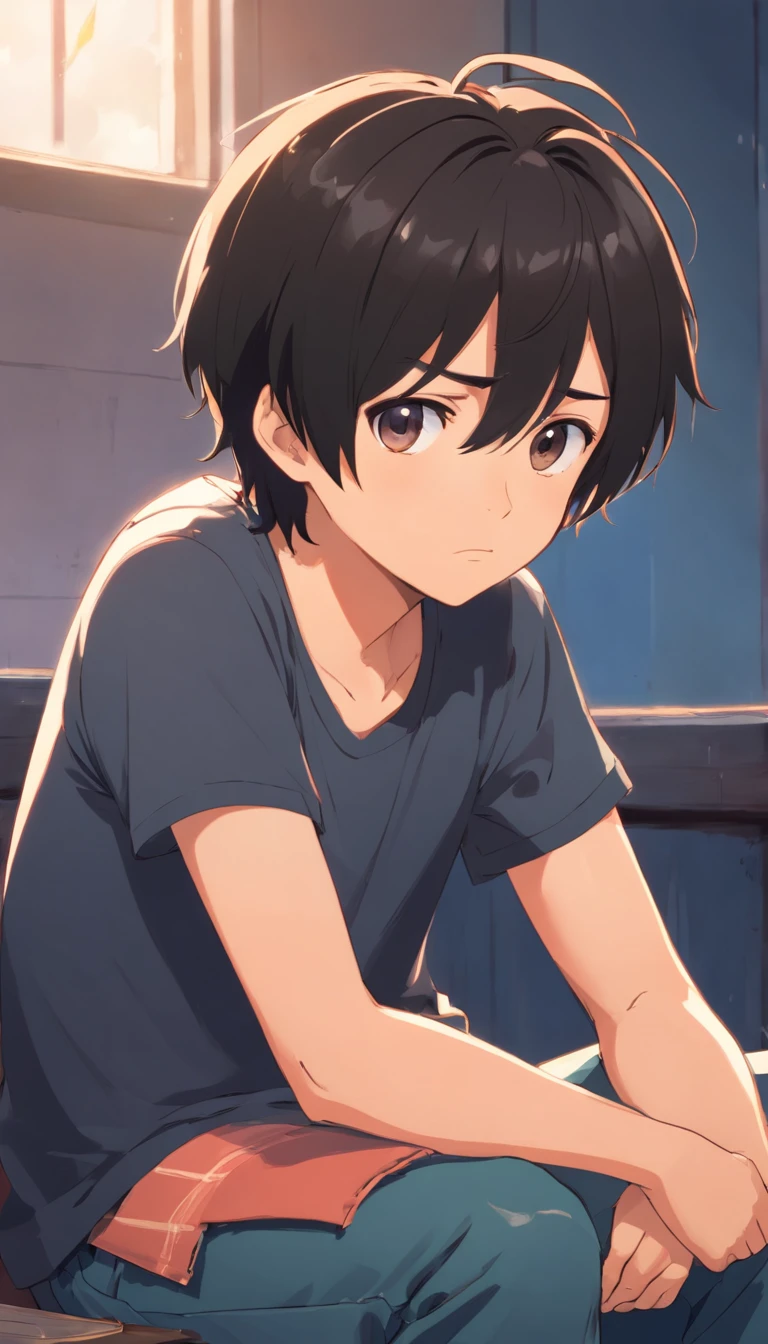 Poor boy sitting, sad eyes, Sad face, hopeless, sad, Detailed face, A cute boy with black hair, sad eyes, Sad face, hopeless, sad, Detailed face, Black hair