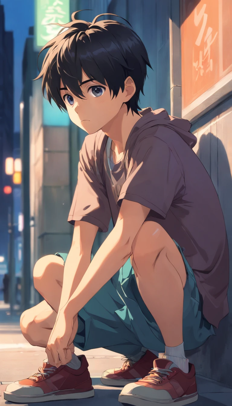 Poor boy sitting, sad eyes, Sad face, hopeless, sad, Detailed face, A cute boy with black hair, sad eyes, Sad face, hopeless, sad, Detailed face, Black hair