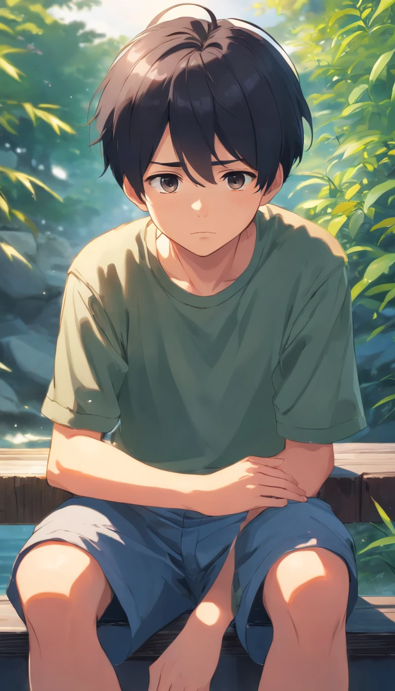 Poor boy sitting, sad eyes, Sad face, hopeless, sad, Detailed face, A cute boy with black hair, sad eyes, Sad face, hopeless, sad, Detailed face, Black hair