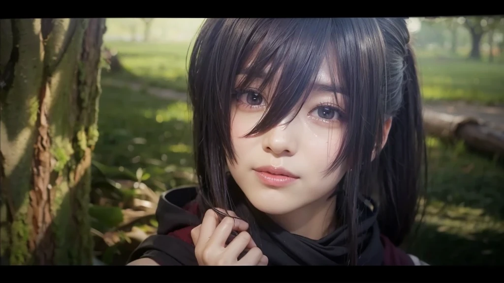 Girl, black ponytail hair, dark red scarf, happy tears, tree trunk