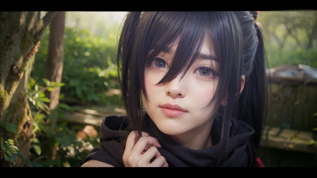 Girl, black ponytail hair, dark red scarf, happy tears, tree trunk