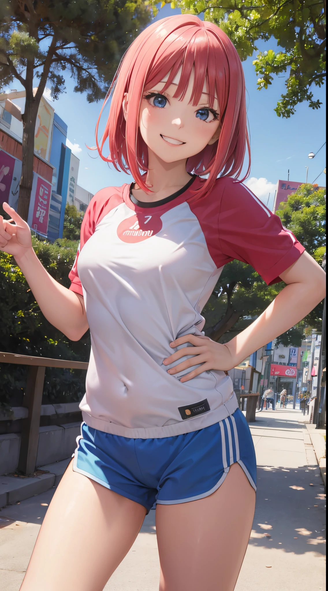 Nino Nakano riendo,manos detalladas,pose sexy,ropa deportiva , parque de dia