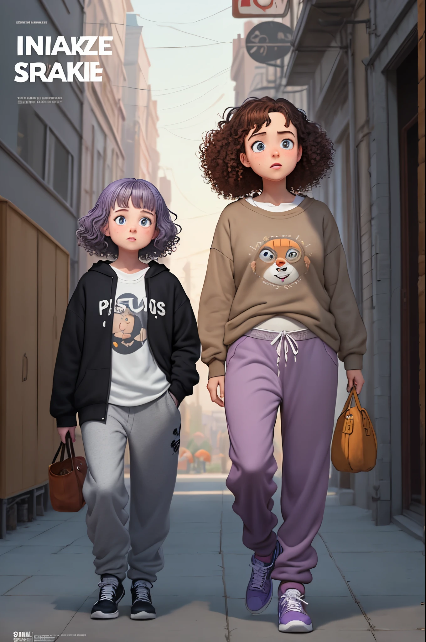 Pixar inspired movie poster with the title “Mackenzie” about a 11 year old white female. she has brown eyes and brown, Long, and curly hair. she wears lavender sweat pants and grey shirt. she wears white sneakers with lavender streaks on it. make it a Pixar 3D Animation.