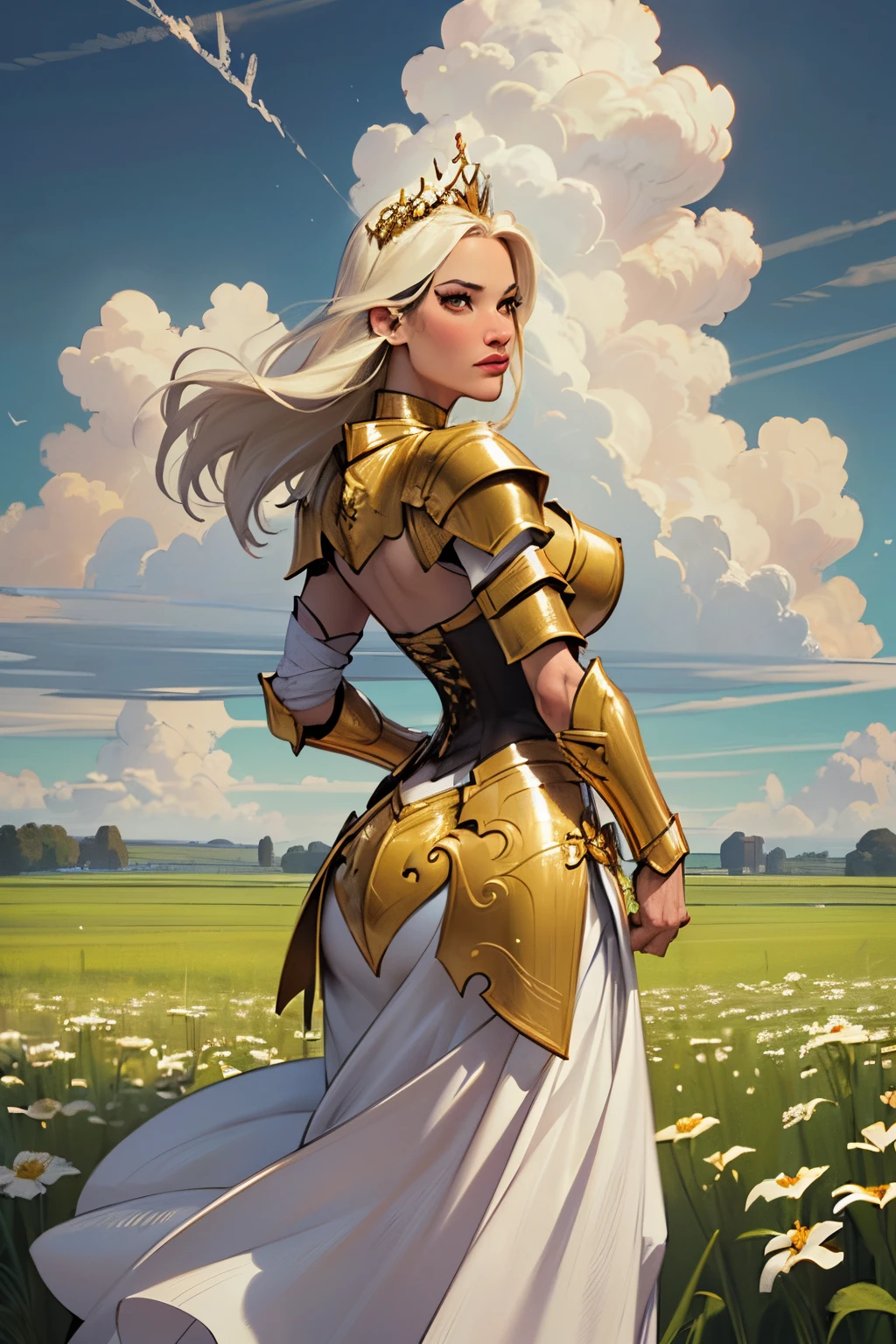 ((Dramatic pose:1.3)), turning around, radiant aura, (best quality,8k,ultra-detailed:1.2),(pale,glowing skin),(red eyes:1.1),(cinematic lighting:1.1),(dark,dim),(gold tiara armor:1.4)(long flowing white hair),(beautiful intricate face,detailed features),(golden white dress:silky),(intense gaze),(golden shoulder armor:1.3), (gold corset armor:1.2), (viewing audience),(unbelievably detailed 8K CG wallpaper),(artistic cinematic lighting with neutral filter),((overcast clouds, fields background:1.4))
