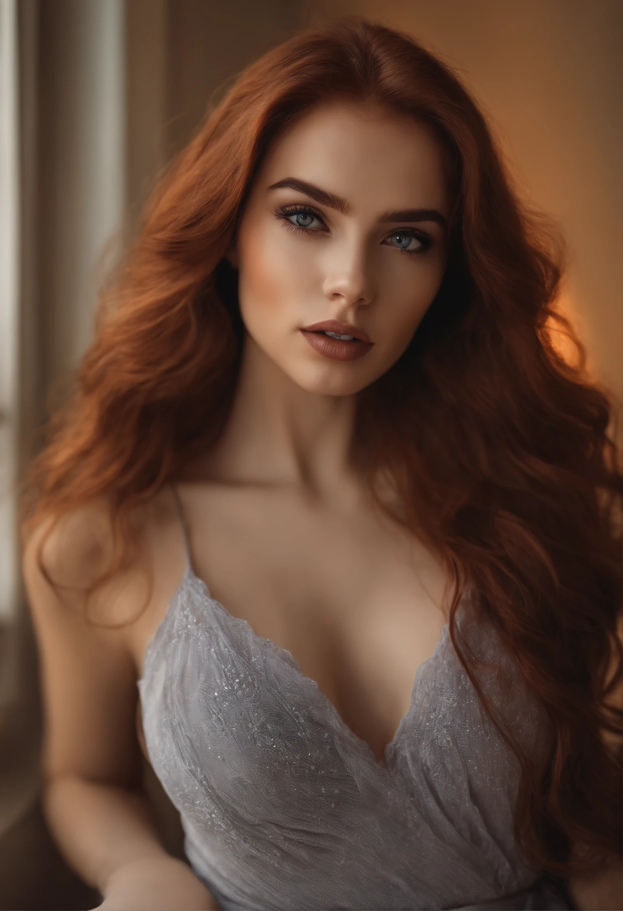 beautiful women with red hair , fille sexy aux yeux bleux, ultra realist, Meticulously detailed, Portrait Sophie Mudd, cheveux bruns et grands yeux, selfie of a young woman, Dubai Eyes, Violet Myers, sans maquillage, maquillage naturel, looking straight at camera, Visage avec Artgram, Maquillage subtil, Great photo of the whole body kneeling on the bed, dans la chambre, Medium to large bust
