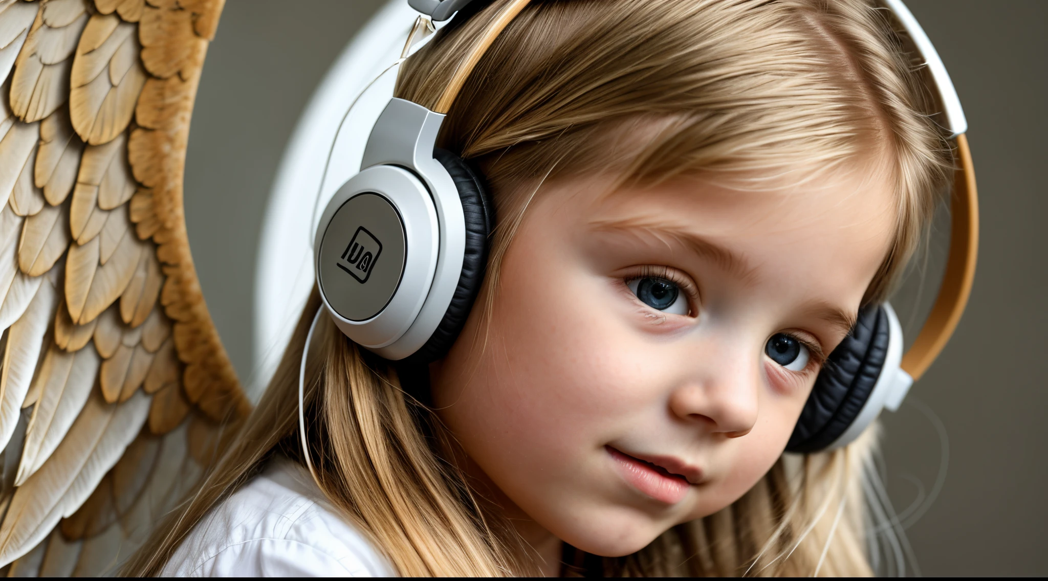 child girl , blonde long hair and headphones, wings of an angel