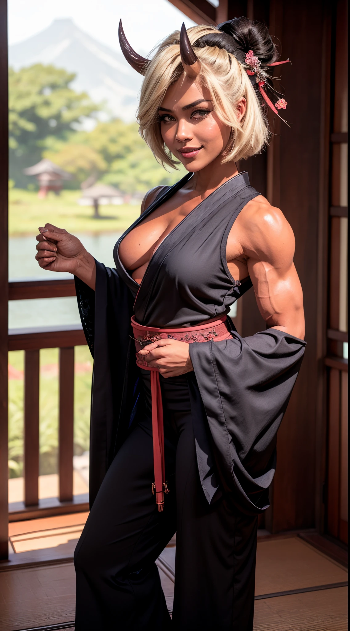 Masterpiece, highlydetailed, Hyperrealistic, HD fullbodyshot of beautiful geisha female with blond bob haircut, hairpins, wearing a falloff shoulders kimono holding Japanese umbrella, wearing high-heels geisha footwear, perfect face features with seductive look and charming smile, perfect body shape curvy, thick and muscular body, oni horn