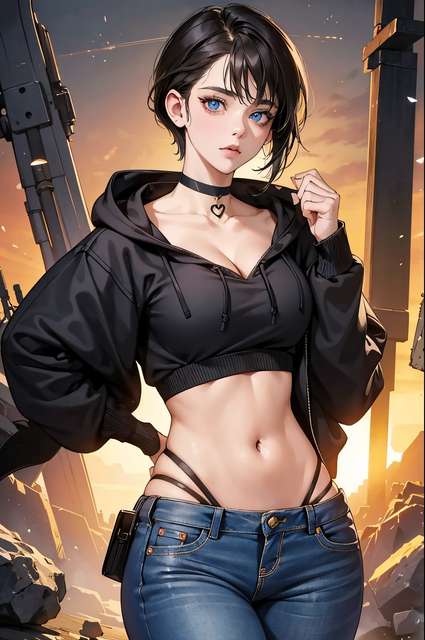 A girl with heart-shaped pupils, wearing a brunette hoodie and a micro skirt in jeans, her thong visible, with a short haircut. She has a detailed face and eyes, with the eyes being emphasized with a strength of 1.4. This girl is a nerd woman, and she has blue eyes and black lipstick that is slightly emphasized with a strength of 1.1. She has a busty figure and is standing confidently, showing off her deep cleavage. The girl is also wearing a choker around her neck. The overall focus is on her face and eyes, with a full body shot to capture her fashionable outfit. The image should have a high level of detail and realism, with vivid colors and professional studio lighting.