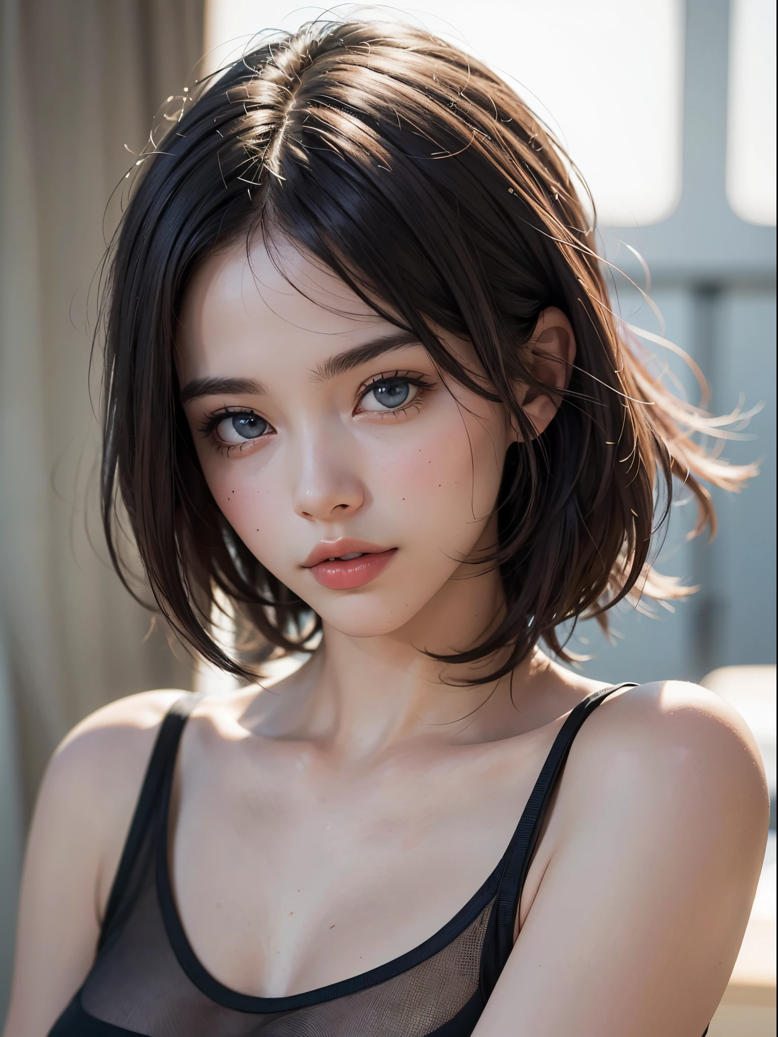 (best quality, 4k, 8k, high-res, masterpiece:1.2), ultra-detailed, (realistic, photorealistic, photo-realistic:1.37), (beautiful detailed eyes, beautiful detailed lips, extremely detailed eyes and face), studio lighting, physically-based rendering, vivid colors, (two-tone color, black & white), (tank top), (portrait, bob cut, shiny hair, shiny skin), (blurred background), (tilt your head to the side:1.5),