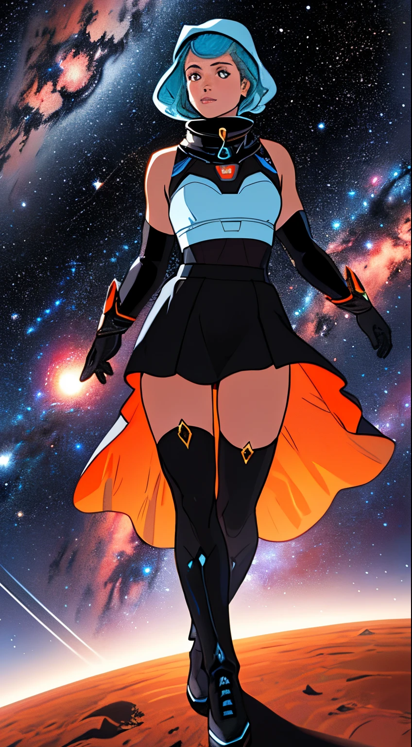 Space, endless and cold space, thousands of stars and galaxies, the Milky Way, stars, cosmic music, girl symbol of the planet Mars, queen of Mars super quality, super detail, Black bra, Black stockings, meteor rain