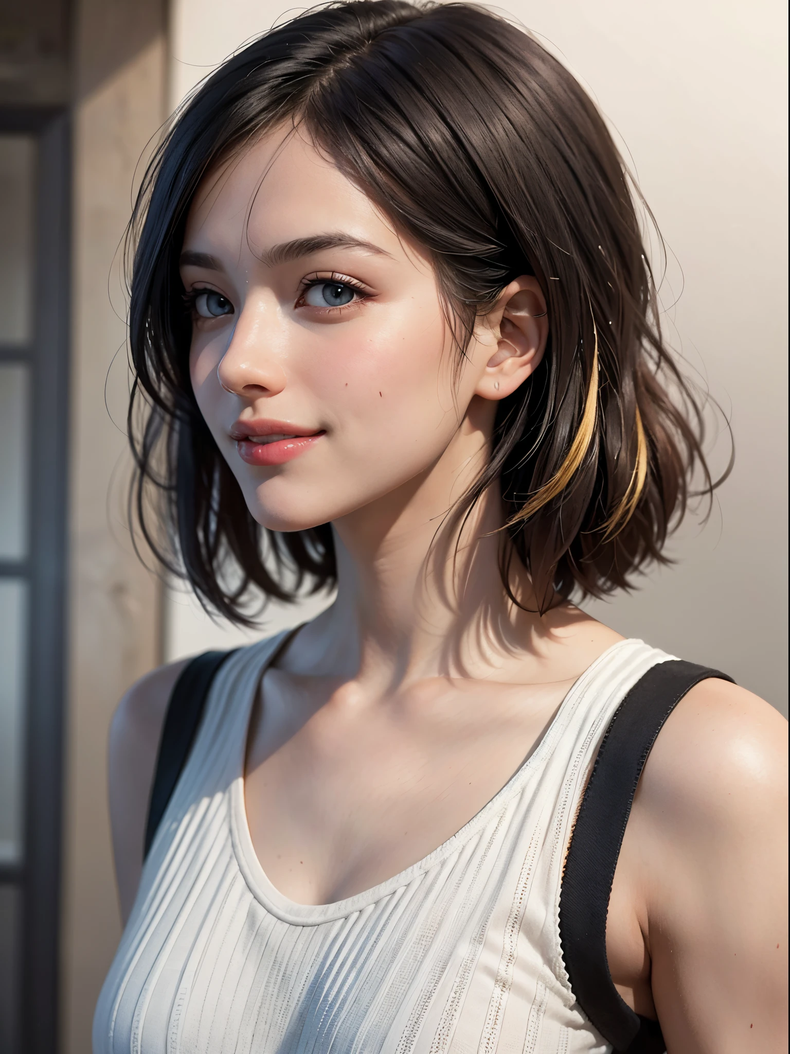 (best quality, 4k, 8k, high-res, masterpiece:1.2), ultra-detailed, (realistic, photorealistic, photo-realistic:1.37), (beautiful detailed eyes, beautiful detailed lips, extremely detailed eyes and face), studio lighting, physically-based rendering, vivid colors, (two-tone color, black & white), (tank top), (portrait, bob cut, shiny hair, shiny skin), (blurred background), (tilt your head to the side:1.5), (smile),