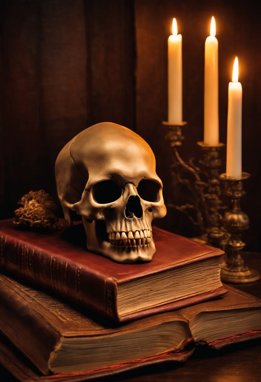 An old, leather-bound book with a spooky cover, surrounded by candles and a skull,original,Portrayed by Stephen King, the American author, himself